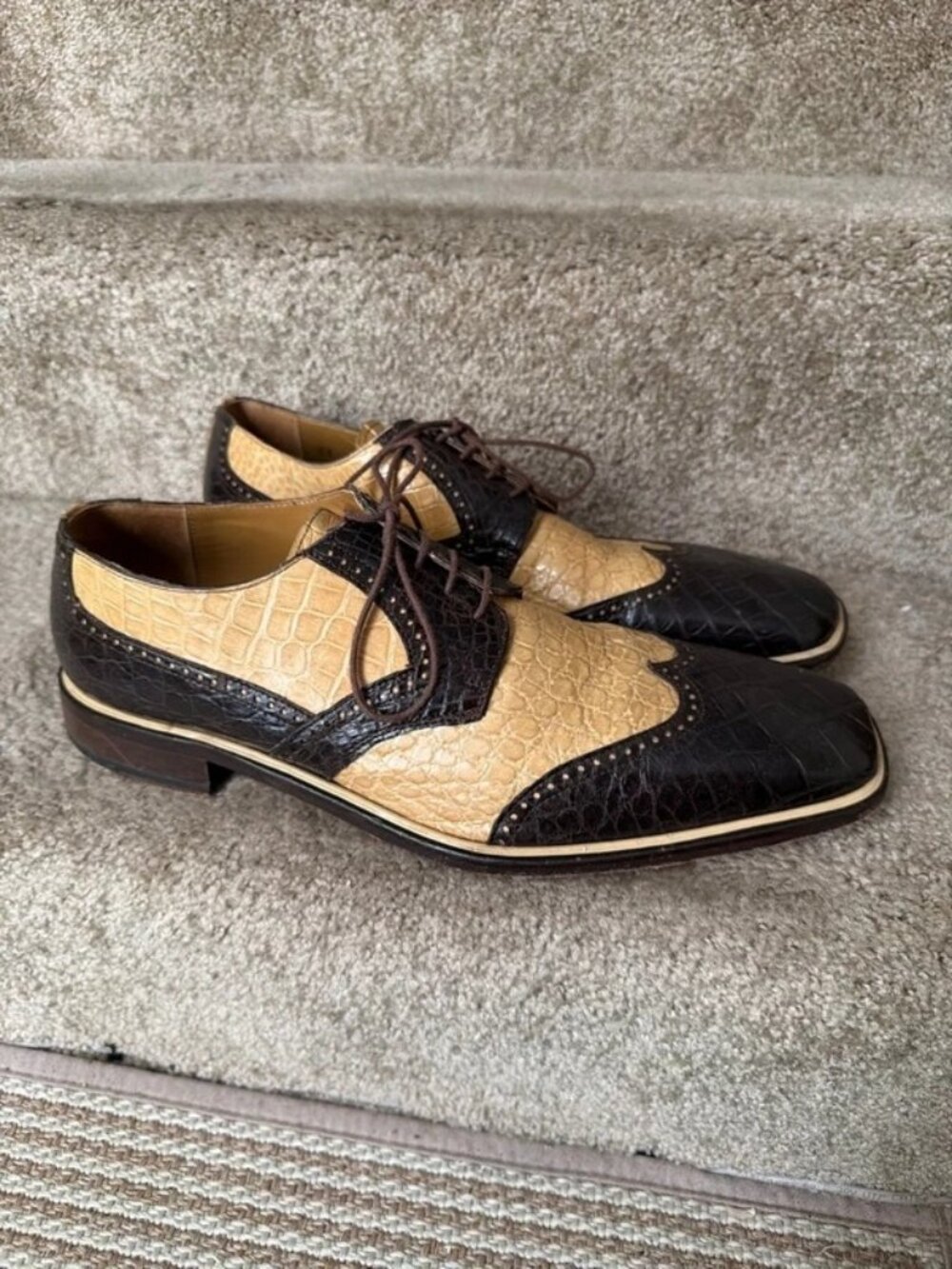 David Eden Luciano Wingtip Dress Shoes Genuine Alligator & Lizard Brown/Tan Men’